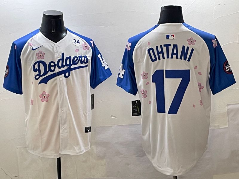 Men Los Angeles Dodgers 17 Ohtani White Blue Sakura Edition 2025 Nike MLB Jersey style 4